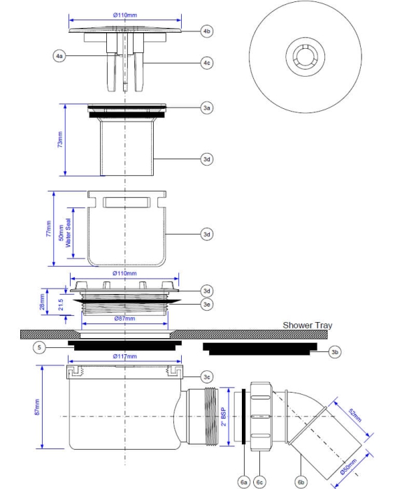 Technische Zeichnung eines Duschablaufs Ø90 mm mit 90 mm Bauhöhe. Dargestellt ist der komplette Aufbau des Ablaufs mit Ablaufdeckel, Geruchsverschluss, Dichtungen, Ablaufgehäuse und Anschlussbogen. Alle Einzelteile sind mit Maßen wie Durchmessern, Höhenan